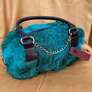 Teal Rabbit Fur Handbag